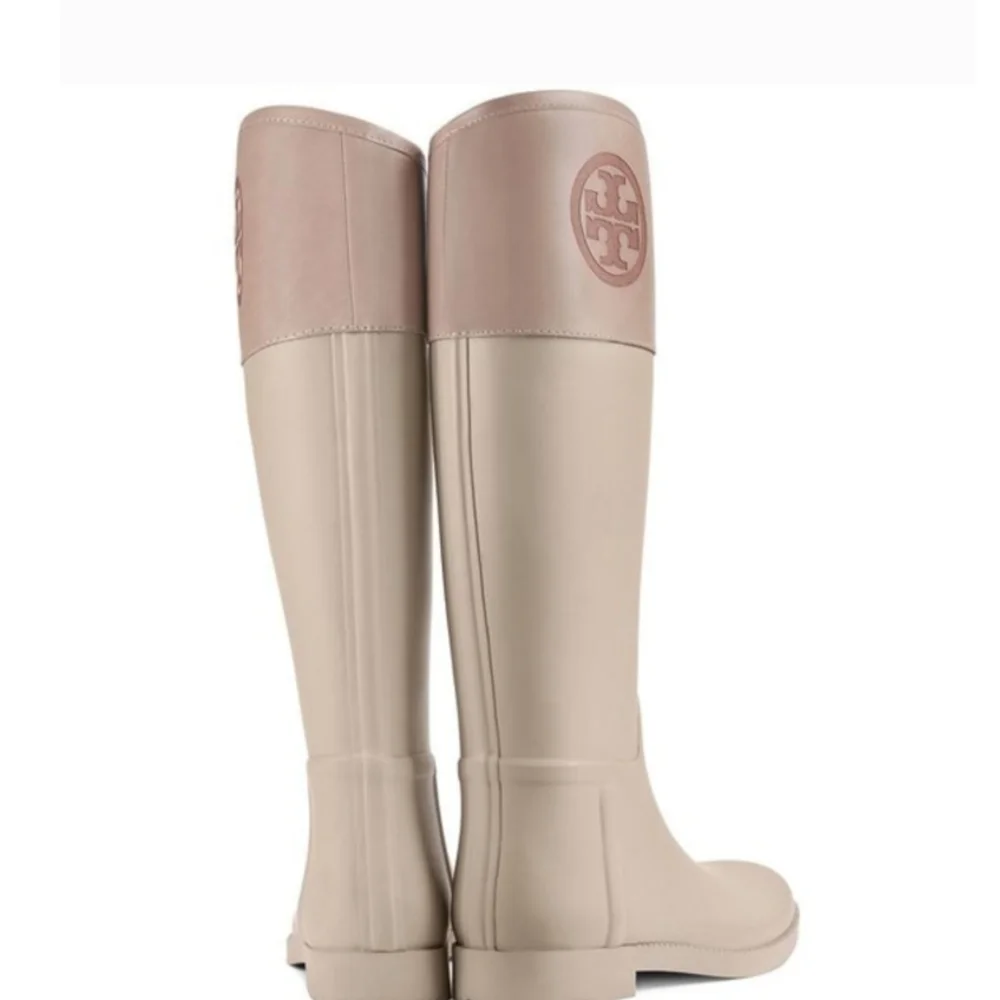 TORY BURCH Gray & Tan Over the Knee Rain Boots Grey